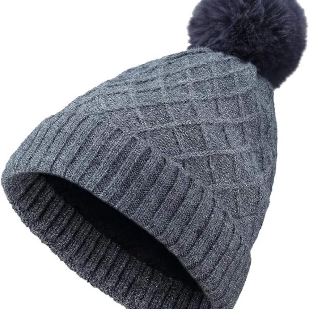 BYOS, Womens, Cable Knit, Grey Hat w/Faux Fur Pom Pom/ Mauve Trimmed Grey Glove - Picture 2 of 7